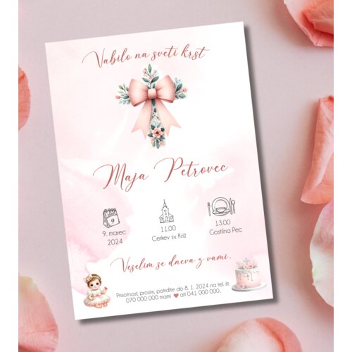  Vabilo za krst z roza križcem in cvetjem REK 02-07 Cene