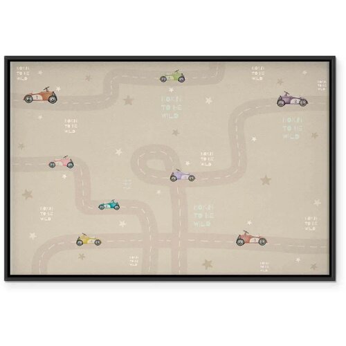  Slika - Race - Colorful Cars on a Road on a Beige Background with Inscriptions 90x60 U crnom drvenom okviru Slike