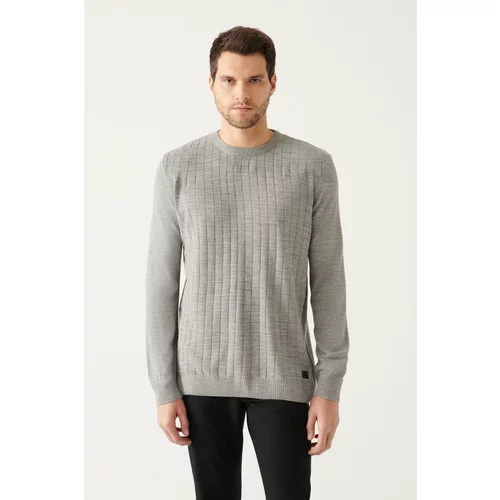 Avva Men's Gray Crew Neck Front Textured Standard Fit Normal Cut Knitwear Sweater
