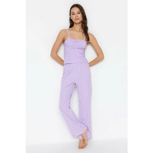 Trendyol Lilac Polka Dot Cotton Undershirt-Pants Knitted Pajama Set