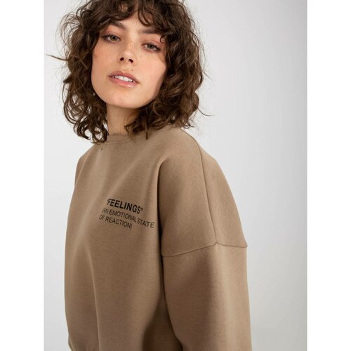 Fashion Hunters Dark beige short hooded sweatshirt with a round neckline Slike