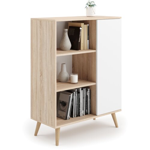 Kobi Furniture Knjižna omara Fondi na lesenih nogah, skandinavski stil - hrast sonoma - bela, (20625979) Slike
