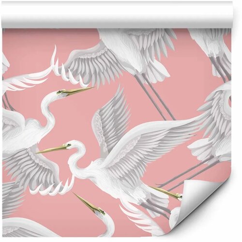  Tapeta - Pastel birds &amp;ndash; a delicate pattern of white and grey herons on a light pink background 49x1000 Samoljepljiva Slike