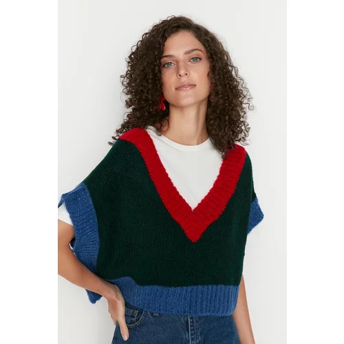 Trendyol Green Crop Color Block Oversize Knitwear Sweater