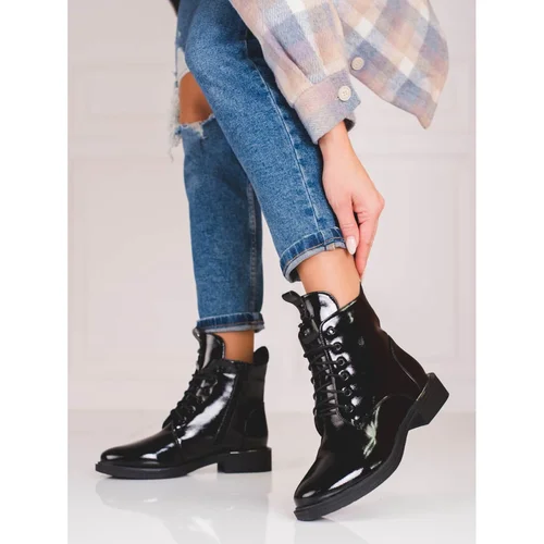 SHELOVET Lace-up ankle boots for women black made of patent leather