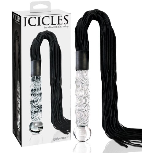Icicles No. 38 - usnjeni bič, valovit steklen dildo (prosojno črn) Cene