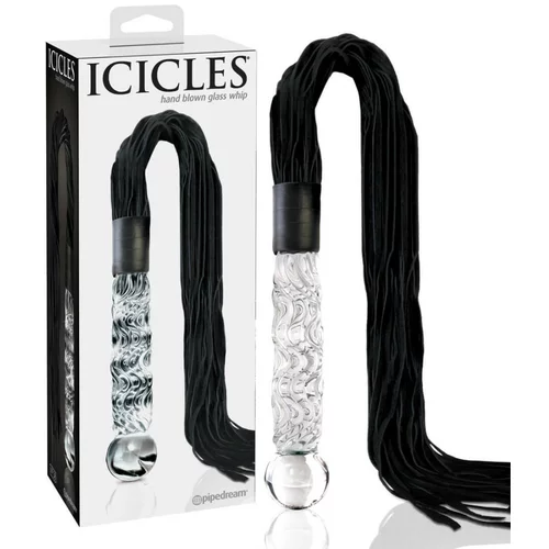 Icicles No. 38 - usnjeni bič, valovit steklen dildo (prosojno črn)