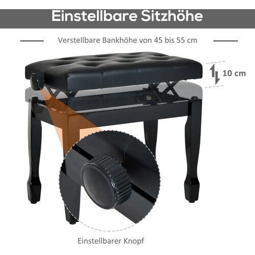  Klavirska stolica podesiva jastuk od umjetne kože za klavir i klavijature 64x35x45-55 cm crna Slike