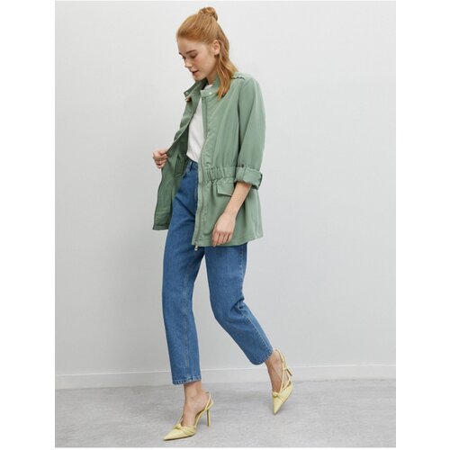 Koton Women's Gathered Waist High Neck Green Trench Coat Slike