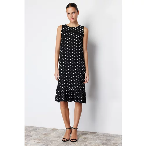 Trendyol Black Polka Dot Skirt Frilly Ribbed Flexible Knitted Midi Dress