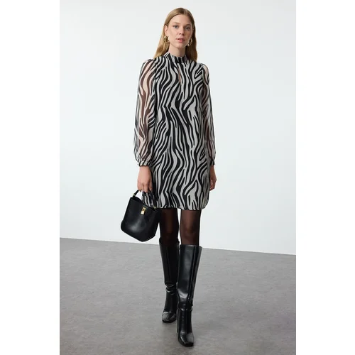 Trendyol Black Zebra Patterned Straight Cut Mini Lined Woven Dress