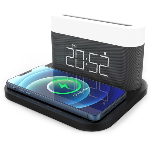 Moye Multifunkcionalni uređaj 3u1 bežični punjač, lampa sa satom i alarmom Aurora crno-beli Slike
