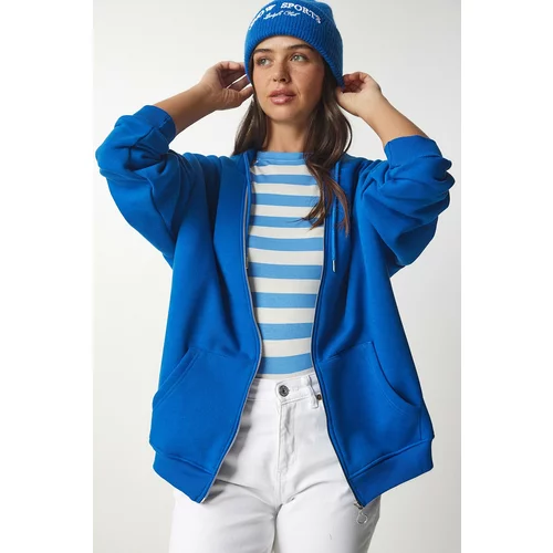 Happiness İstanbul Women's Blue Hoodie with Zipper Oversized Sweatshirt