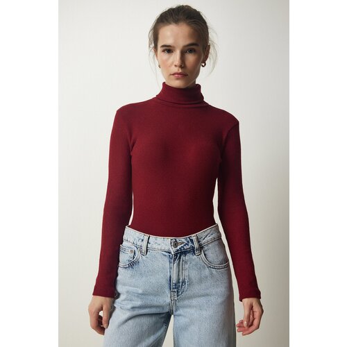  Women&amp;#039;s Burgundy Turtleneck Ribbed Knitted Blouse Slike