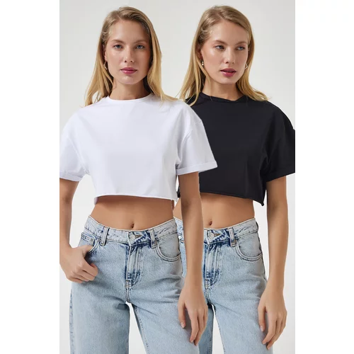 Happiness İstanbul Women's Black and White Crew Neck Basic 2-Pack Crop Knitted T-Shirt