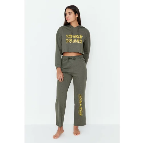 Trendyol Khaki Hooded Slogan Printed Crop Knitted Pajamas Set