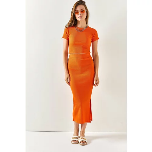 Olalook Women's Orange Lycra Short Sleeved Slit and Skirt Set