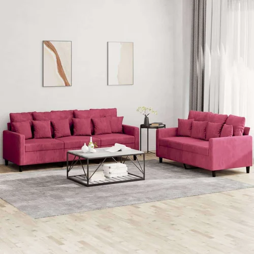  2-dijelni set sofa s jastucima crvena boja vina baršunasti