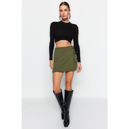 Trendyol Dark Khaki Woven Shorts Skirt with Lace-Up and Eyelet Detail Slike