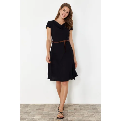  Black Textured Belt Detailed Degaje Collar Flexible Skater/Waist-Opening Midi Knitted Dress