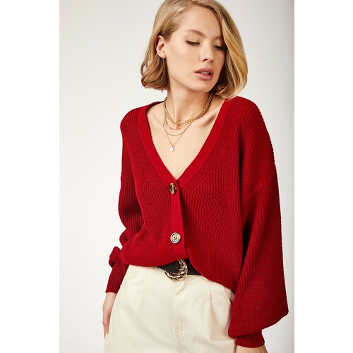 Happiness İstanbul Women's Red V-Neck Buttoned Knitwear Cardigan Slike