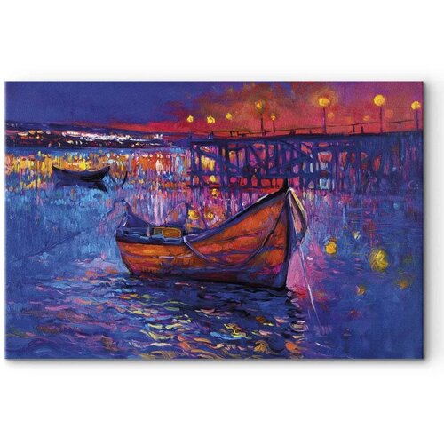  XXL slika - Modern impressionism - night landscape of a lake with a floating boat 130x87 Slike