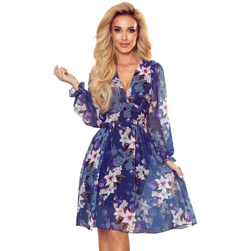 Numoco 388-1 FRANCES - chiffon dress with a neckline - navy blue with flowers Slike