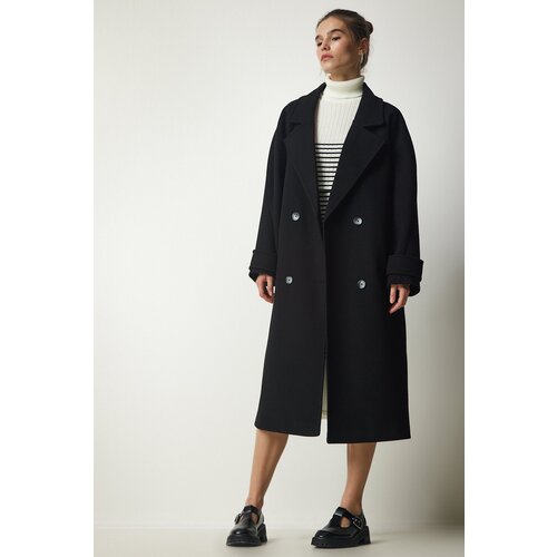  Women&amp;#039;s Black Double Breasted Neck Belted Oversize Cachet Coat Slike