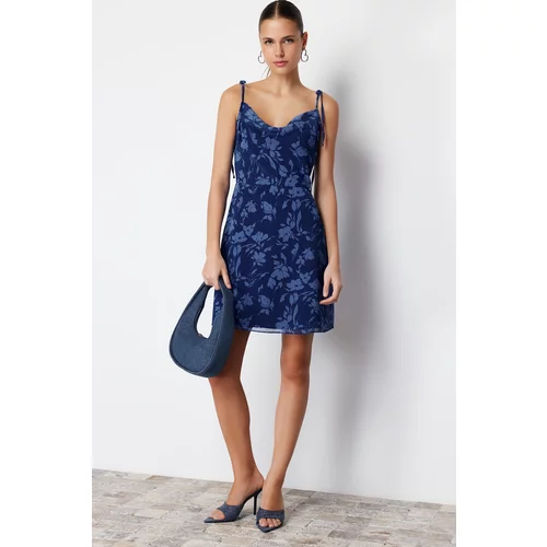 Trendyol Navy Floral A-line Chiffon Lined Mini Woven Dress