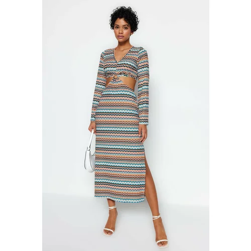 Trendyol Multi Color Cut Out Detail Printed Stretch Midi Knitted Dress
