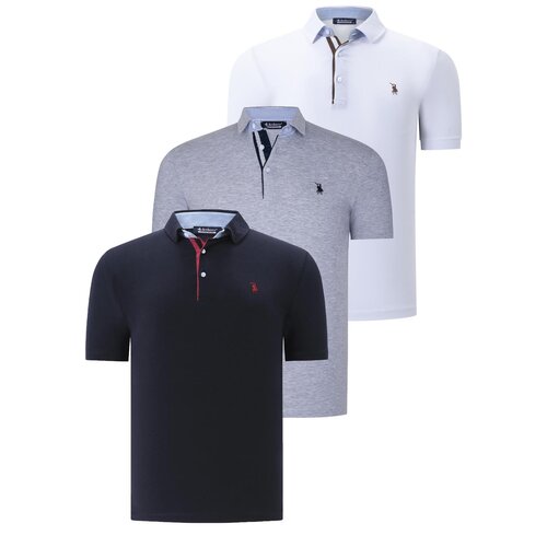 Dewberry TRIPLE SET T8582 MENS T-SHIRT-NAVY BLUE-WHITE-GREY Slike