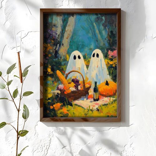 Wallxpert uramljena MDF slika NAL071-46, dva duha na pikniku u šumi sa korpom i bundevama, 35,5 x 47 cm Cene