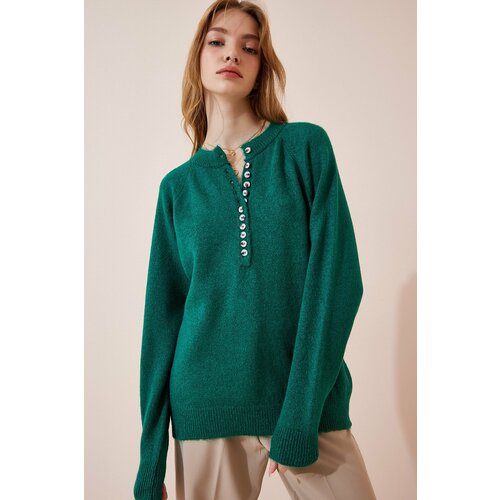 Happiness İstanbul Women's Dark Green Buttoned Collar Knitwear Sweater Slike