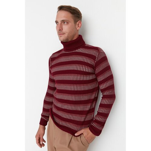 Trendyol Claret Red Men's Fitted Slim Fit Turtleneck Striped Knitwear Sweater Cene