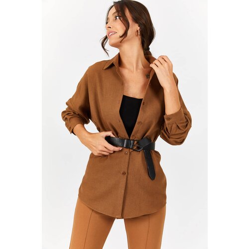 armonika Women's Brown Oversize Long Basic Shirt Cene