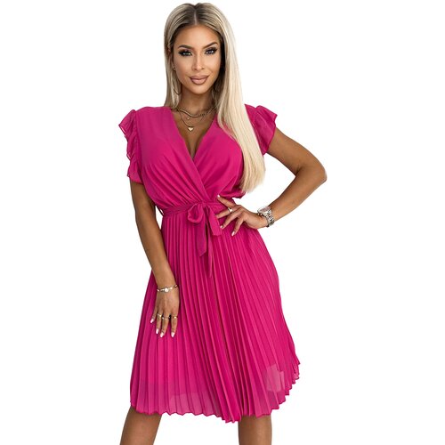 Numoco Pleated dress with neckline and ruffles on the shoulders Slike