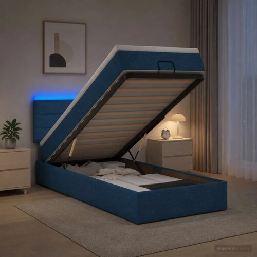  Krevet od pjene s madracem i LED-om Plava 90 x 190 cm Tkanina - Plava 90 x 190 cm Dizajn linija Slike