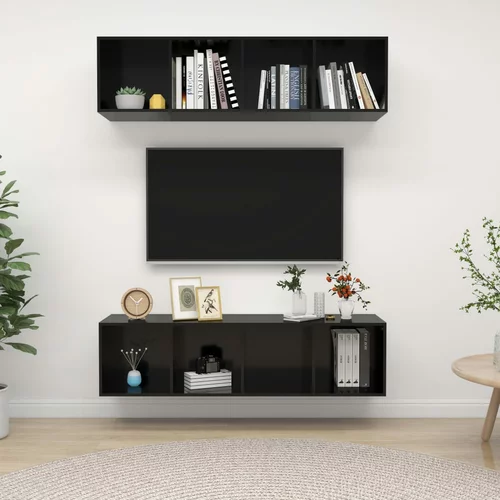 vidaXL Stenska TV omarica 2 kosa visok sijaj črne barve iverna plošča
