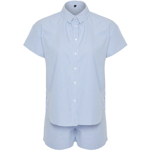 Trendyol Blue Cotton Striped Woven Pajamas Set Slike