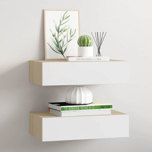  Zidne police s ladicom 2 kom hrast i bijele 40x23,5x10 cm MDF Cene