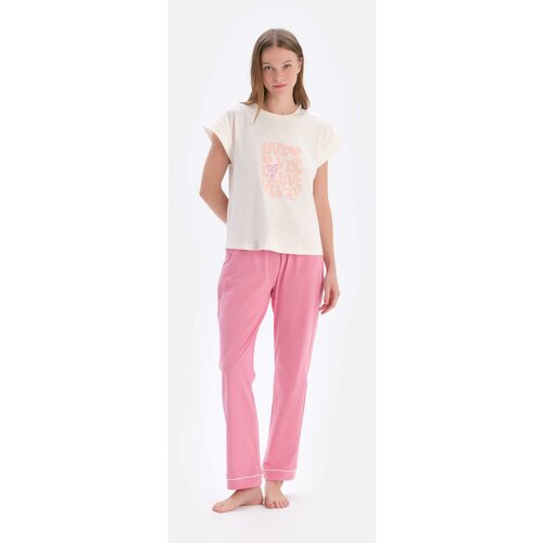 Dagi Ecru Short Sleeve Piece Printed T-Shirt Trousers Pajamas Set Slike