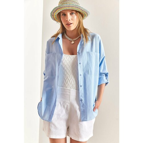 Bianco Lucci Women's Double Pocket Oversize Linen Shirt Slike