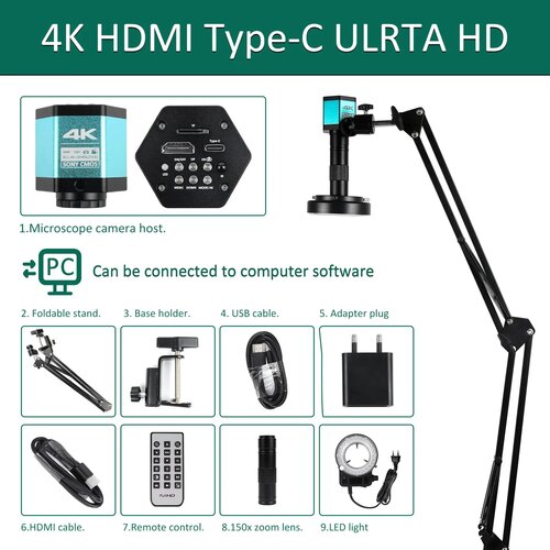 YIZHAN 4K digitalni mikroskop, 150X povečava, nastavljiva LED osvetlitev, A 4K HDMI Type-C, 150X, (5000157621) Slike
