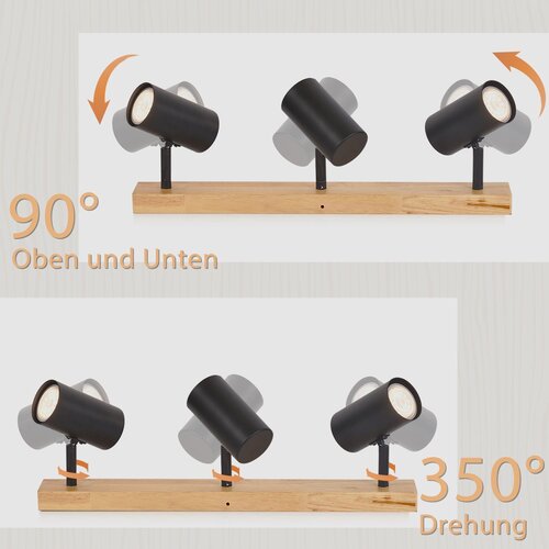 Nettlife Črna Stropna Svetilka s 3 Lučkami, Lesena, GU10, Retro Vintage Slog, Kovinska, Vrtljiva za 350°, (22110622) Cene