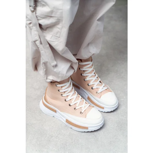 NİŞANTAŞI SHOES Rosetta Beige Linen Ankle High Thick Sole Women's Lace-up Sneakers