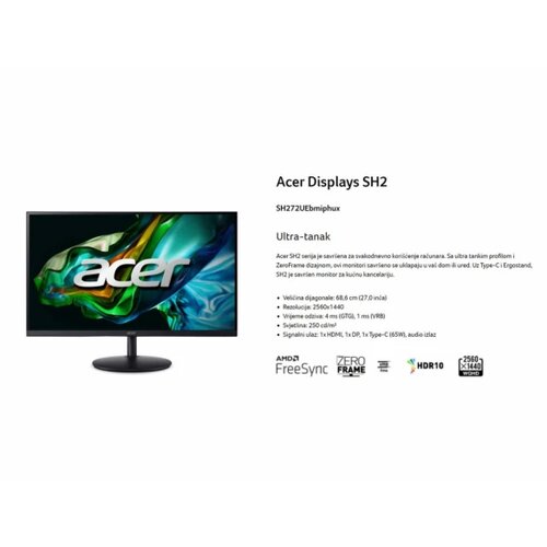 Acer SH272U E computer monitor 68.6 cm (27) 2560 x 1440 pixels Wide Quad HD Black Slike