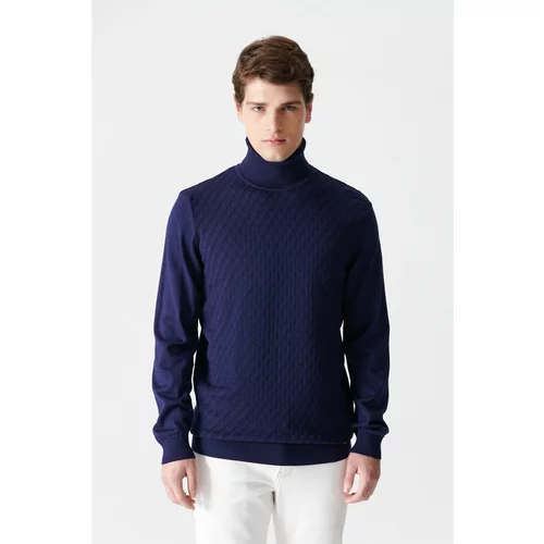 Avva Men's Indigo Turtleneck Jacquard Sweater