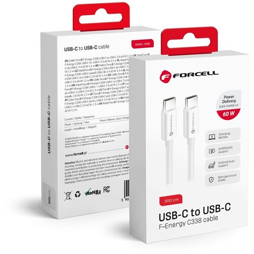 forcell kabal C338 type c na type c QC4.0 3A/20V pd 60W 3m beli Cene
