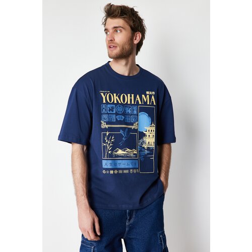 Trendyol Navy Blue Men's Oversize Far East Printed 100% Cotton T-Shirt Slike