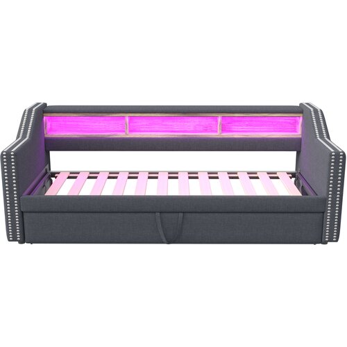 Lumor Vlečna postelja 90/180x190 cm v lanu - Z LED in USB - Z lesenimi letvicami - Siva, (22155766) Cene